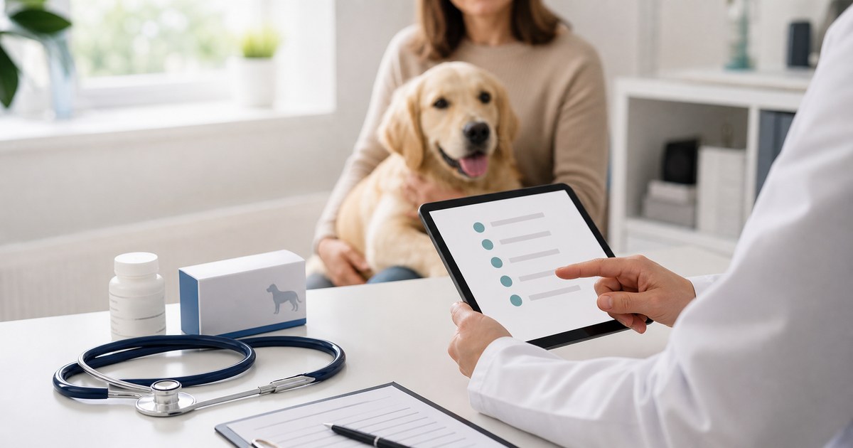 Consulta veterinaria con perro, receta y checklist de cuidado responsable
